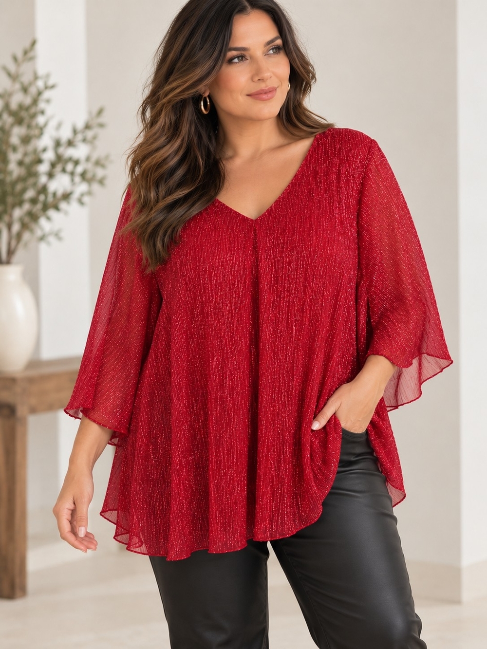 Catherines Red V-Neck Shimmer Tunic Top